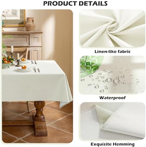 Waterproof Tablecloth, Linen Blend Rectangular Table Cover for Dining