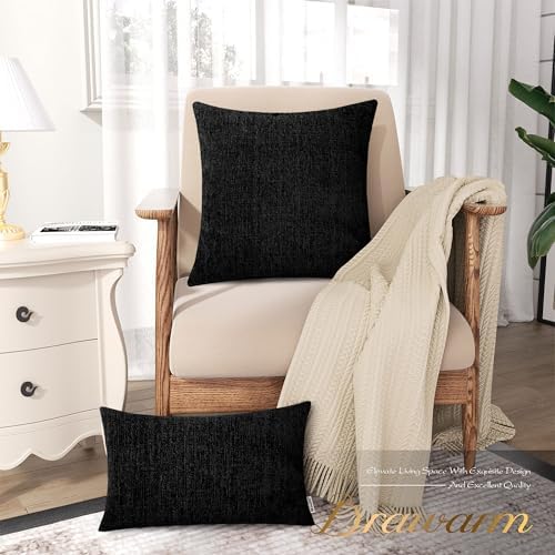 BRAWARM Chenille Throw Pillow Covers 18x18 Inches, Black, Pack of 2
