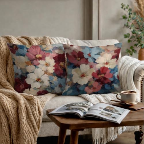 Abstract Floral Pillow Cover 18x18 Set of 2, Vintage Modern Burgundy