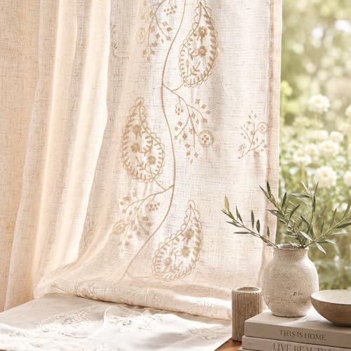 jinchan Linen Curtains 63 Inch Ivory Floral Drapes Back Tab 2 Panels