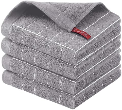 Homaxy 100% Cotton Terry Kitchen Dish Cloths, 4 Pack, Light Grey