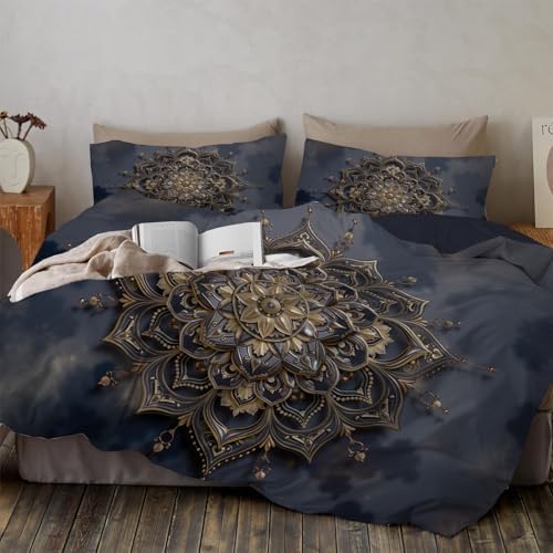 Luxurious Mandala Relief Duvet Cover King 3Pcs, Breathable Microfiber