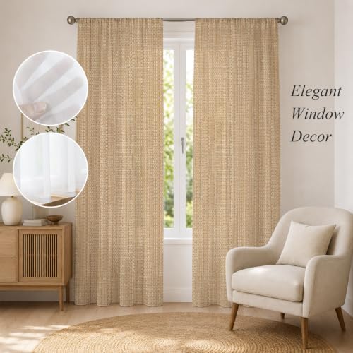 Sheer Curtains 108 Inch Length 2 Panels Beige Linen Texture Light