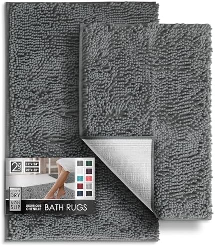 Hearth & Harbor Bathroom Rug Set, 2 Piece Chenille - Grey, Quick Dry