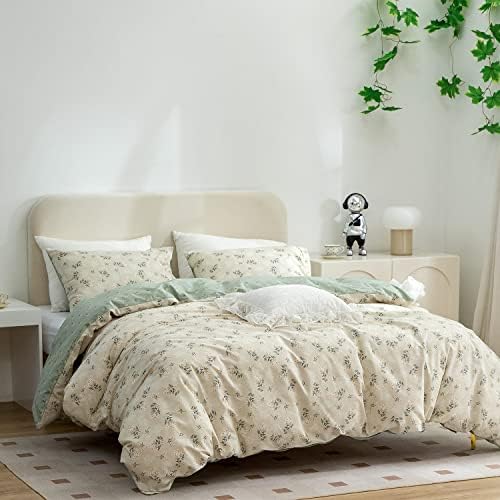 Duvet Cover Floral,100% Cotton Reversible Green Vintage Flower Bedding