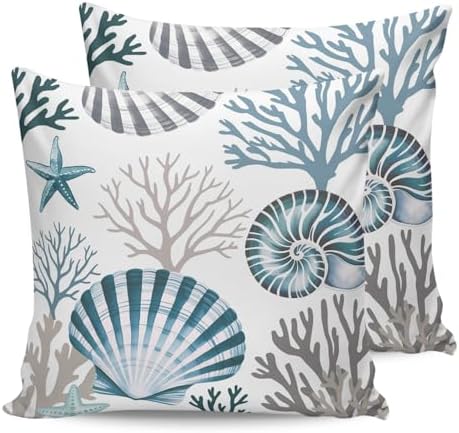 18x18 Pillow Covers Set of 2, Coastal Blue Shells Throw Pillow Covers