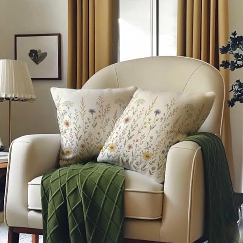 Cream Ivory Wildflower Throw Pillow Covers 18x18 Set of 2, Meadow