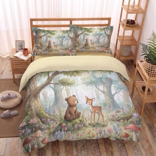 Sage Green Watercolor Animal Forest Duvet Cover Set for Women Girls