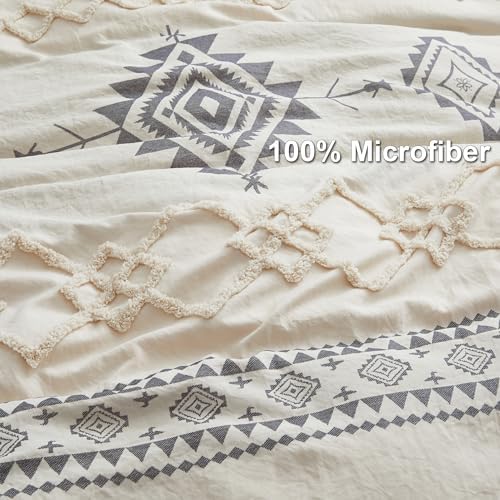 Oli Anderson Boho Duvet Cover Queen Size, Beige & Gray, 3 Pieces