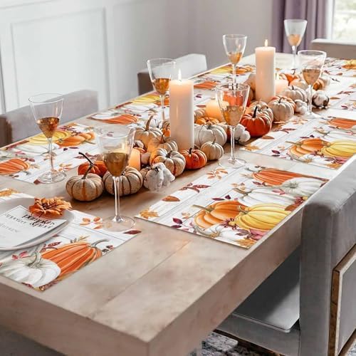 Placemats Set of 8, Thanksgiving Pumpkin Autumn Maple Leaf Washable