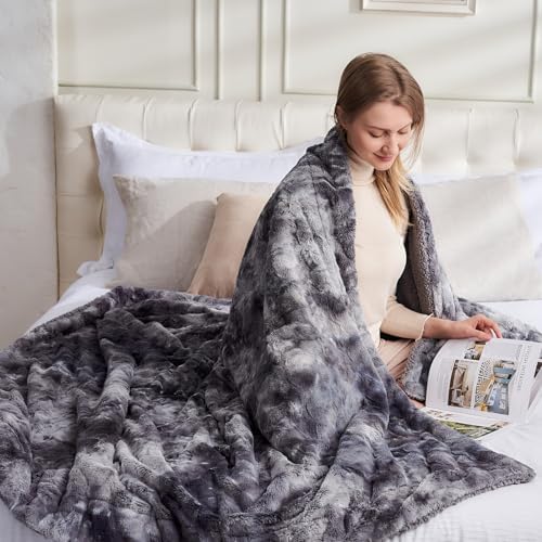 NEWCOSPLAY Faux Fur Sherpa Twin Blanket for Couch, Grey, 60"x80"