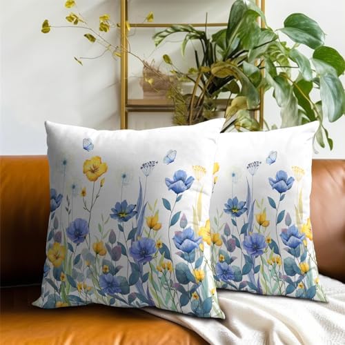 Imiss Blue Yellow Floral Throw Pillow Cover Set of 2, 20x20 Inch Poppy