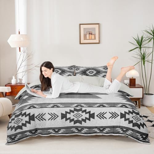 Gray Tribal Plaid Duvet Cover,Southwestern Style Ethnic Grid Bedding