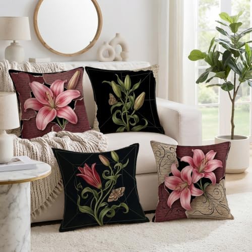 Vintage Botanical Lilies Floral Throw Pillow Covers 20x20 Set of 4