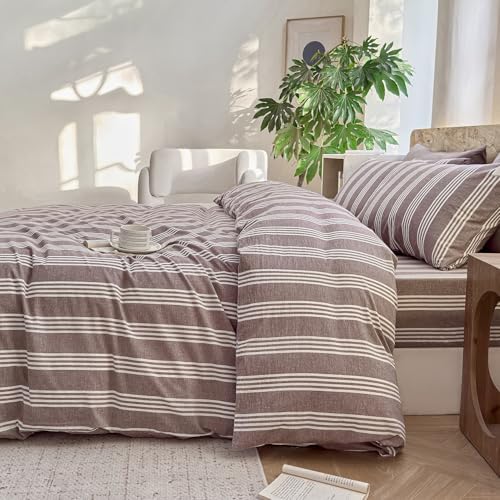 Striped Duvet Cover Set 100% Washed Cotton Linen Like Super Soft Chic