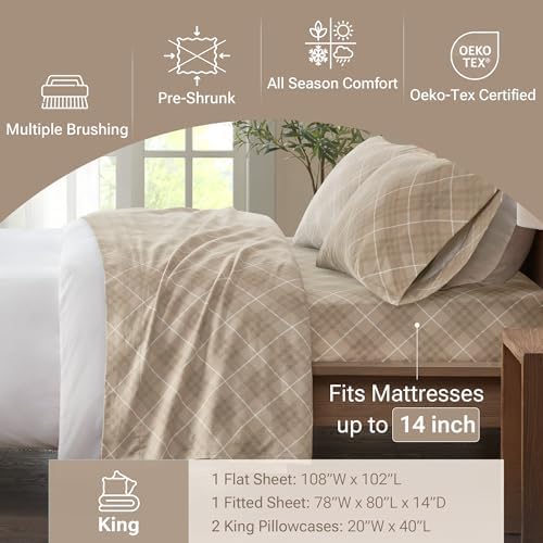Sleep Philosophy Cozy Flannel Sheets 100% Cotton, King Sheet Set