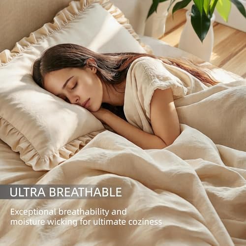 100% French Linen Ruffle Duvet Cover Set 3pcs, Soft Breathable Natural
