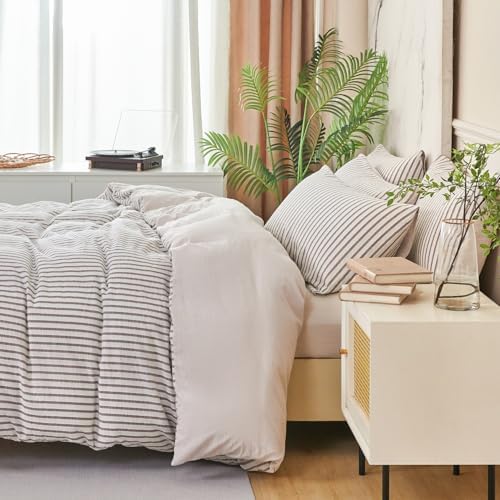 King Grey Duvet Cover Striped Washed Microfiber Jacquard 3 Pieces
