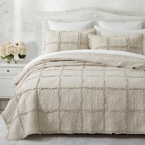 HORIMOTE HOME 100% Cotton Ruffle Quilt Set King Size, Beige Farmhouse