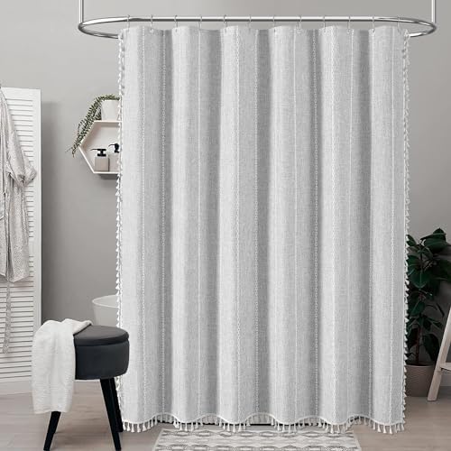 BTTN Grey Boho Farmhouse Linen Heavy Duty Shower Curtain Set, Gray