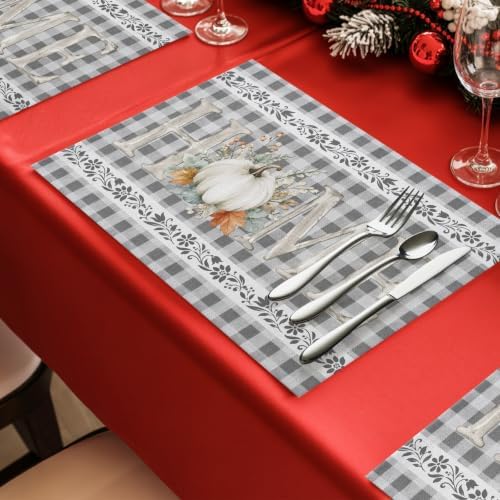 Grey Checked Placemats Set of 8, Cotton Linen Fabric Place Mats