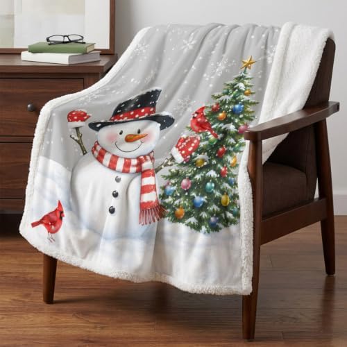 Winter Snowman Sherpa Fleece Blanket Neutral Christmas Tree Red