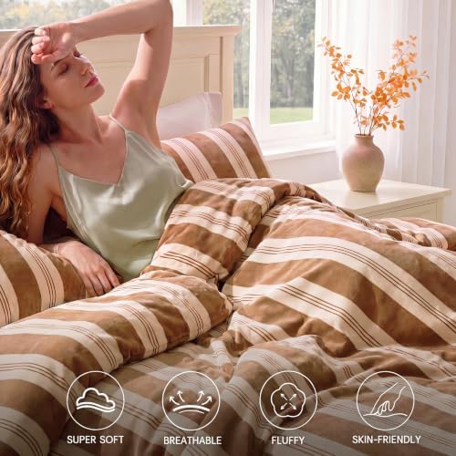 Merryword Khaki Striped Duvet Cover Set King Size,Soft Plush