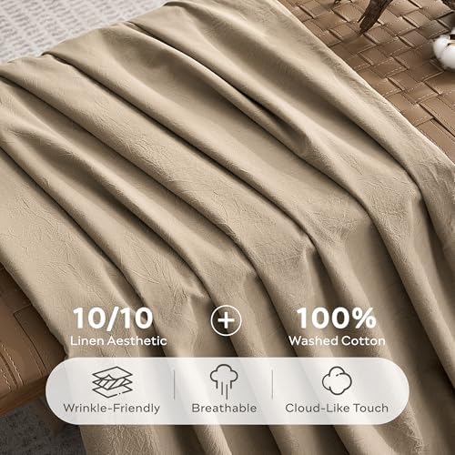 JELLYMONI 100% Cotton Queen Duvet Cover Set, Washed Linen-Like Texture