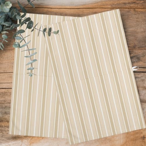 Khaki Stripe Kitchen Towels Set of 3, Water Absorbent Dish Towel