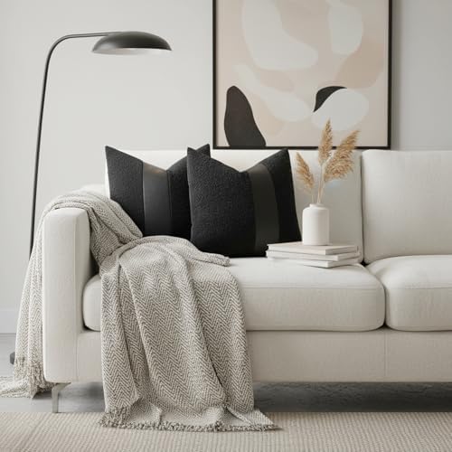 18x18 Black Boucle Throw Pillow Covers with Leather Accent, 2 PC
