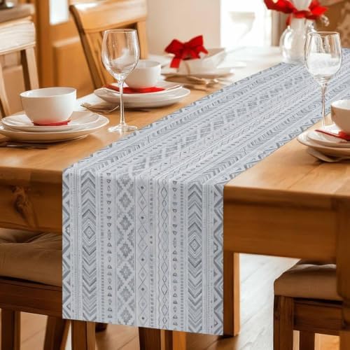 Slate Gray Boho Table Runner 108 Inches Long, Ethnic Tribe Warm