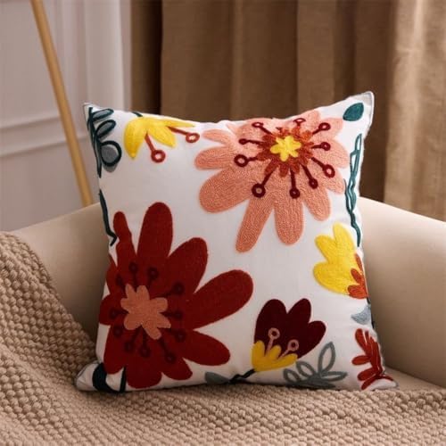 Decorative Throw Pillow Cover with Embroidered Floral Design, White
