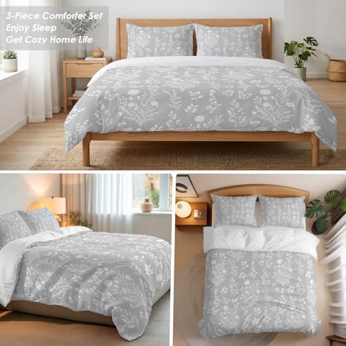 3 Pieces Bedding Set Queen Size, Grey Botanical Soft Duvet Covers Set