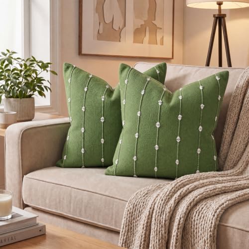 AVOIN colorlife Olive Green Boho Linen Throw Pillow Covers 22x22 Inch