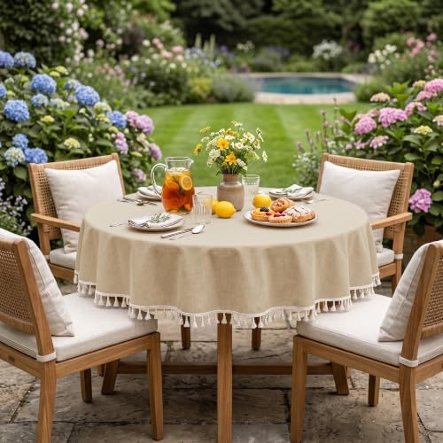 JIUZHEN Waterproof Linen Round Tablecloth with Beige Tassels