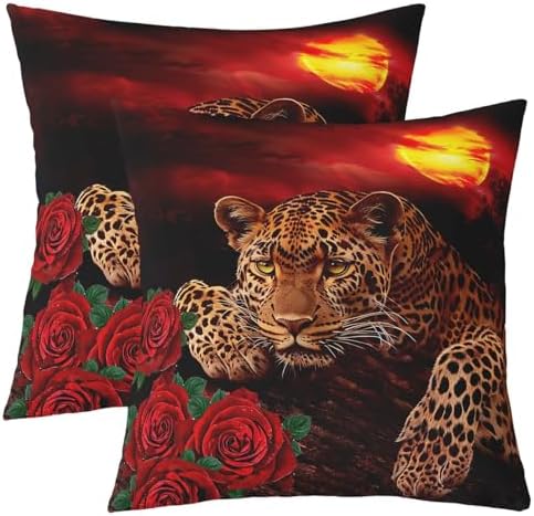 Leopard Rose Pillow Covers 22x22 Set of 2 Cheetah Floral Print