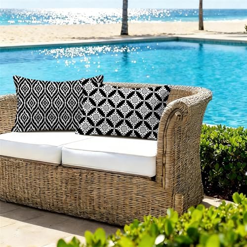 Outdoor Waterproof Throw Pillow Covers 12x20 Set of 4 Black and White