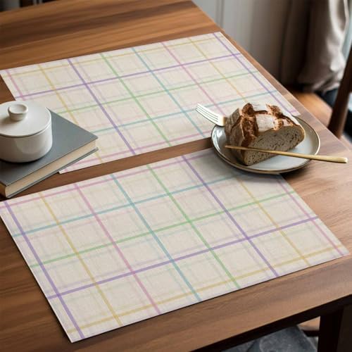 Placemats Set of 8, Colorful Geometric Plaid Woven Placemat, Linen