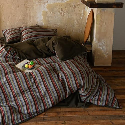 Striped Duvet Cover Set Linen Cotton,King(104"x90"),Multicolor Stripes