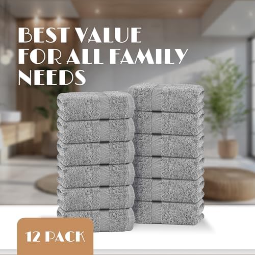 Wealuxe Light Gray Washcloths - 12 Pack, 12x12, Soft 100% Ring-Spun