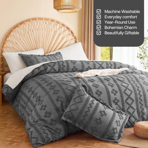 MR&HM Boho Duvet Cover Queen, Vintage Tufted Bedding, 3-Piece, Dark