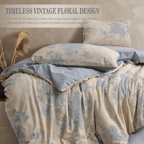 Vintage Reversible Floral Duvet Cover Set, 100% Washed Microfiber