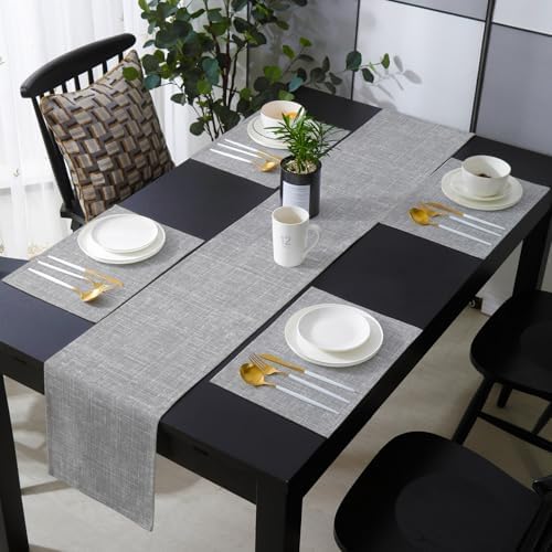 Grey Table Runner with Placemats Set of 6, Cotton Linen Kitchen Dining