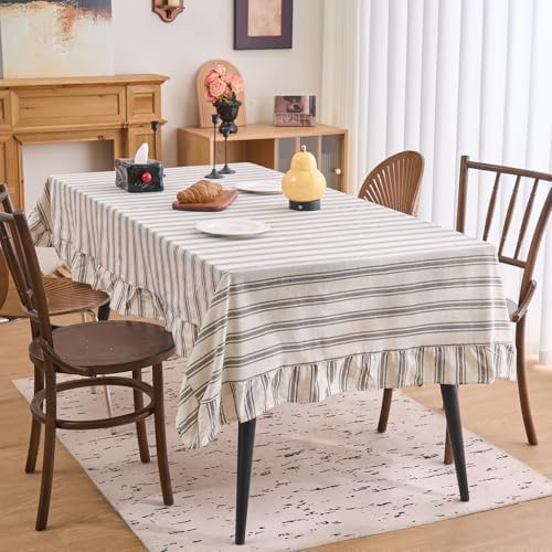 vctops Farmhouse Grey Stripe Ruffle Table Cloth, Boho Cotton Linen