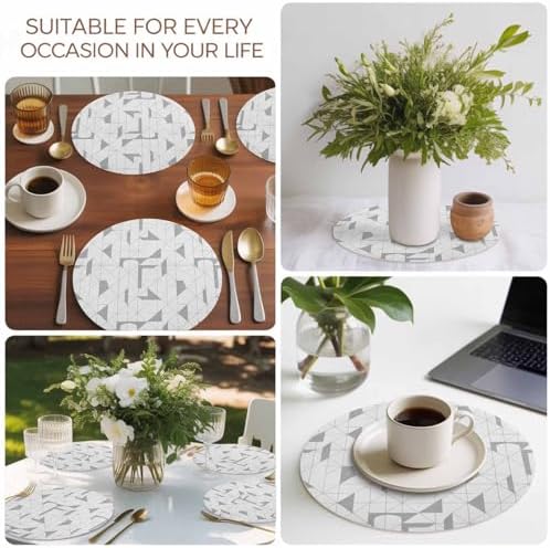 Neutral Geometric Faux Leather Placemats Set of 6, 15in, Waterproof