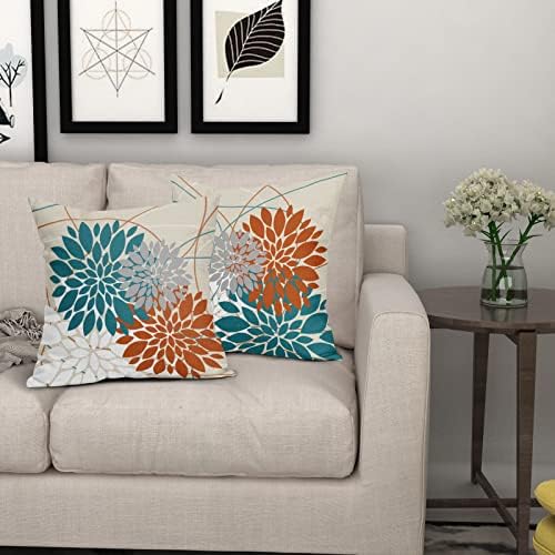 Teal Orange Pillow Covers 20x20 Dahlia Flower White Gray Elegant