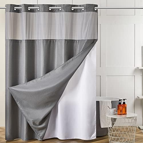 Furlinic Fabric No Hook Shower Curtain with Snap in Liner Modern Grey