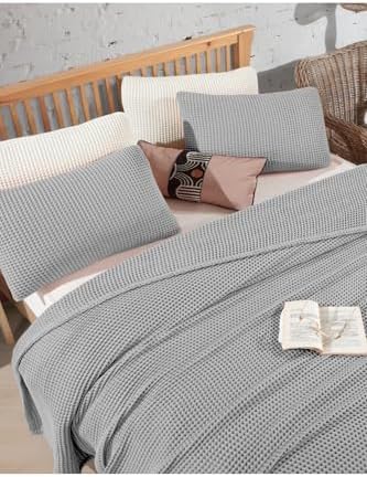 Cotton Waffle Bedspread Queen Size Light Gray 100% Cotton Lightweight