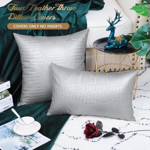 BRAWARM Silver Faux Leather Pillow Covers 18x18, Embossed Crocodile