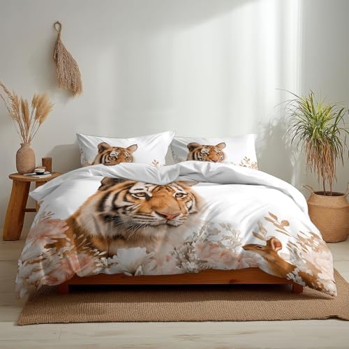 King Duvet Cover Set Animal Tiger Flower Soft Microfiber Reversible